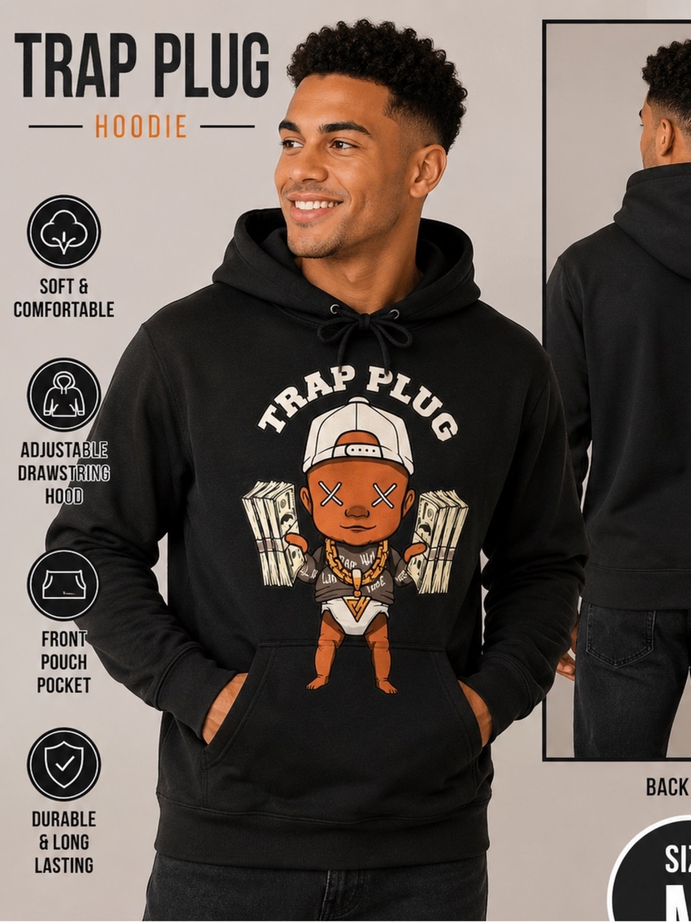 Hand Crafted Black Trap Plug Graphic Hoodie MEDIUM